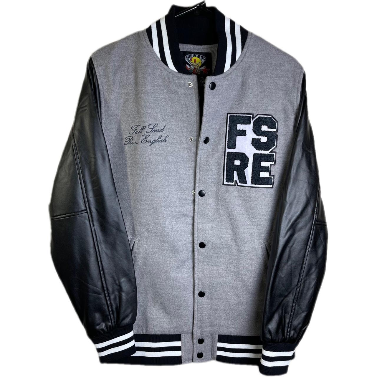 Full Send X Ron English Varsity Letterman Patches Bomber Jacket Grey Black