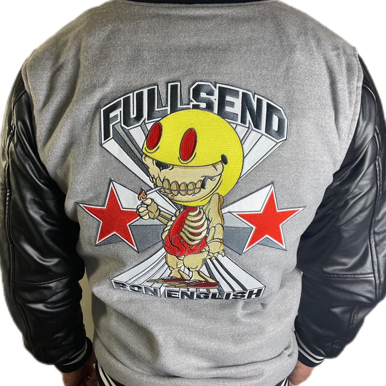Full Send X Ron English Varsity Letterman Patches Bomber Jacket Grey Black