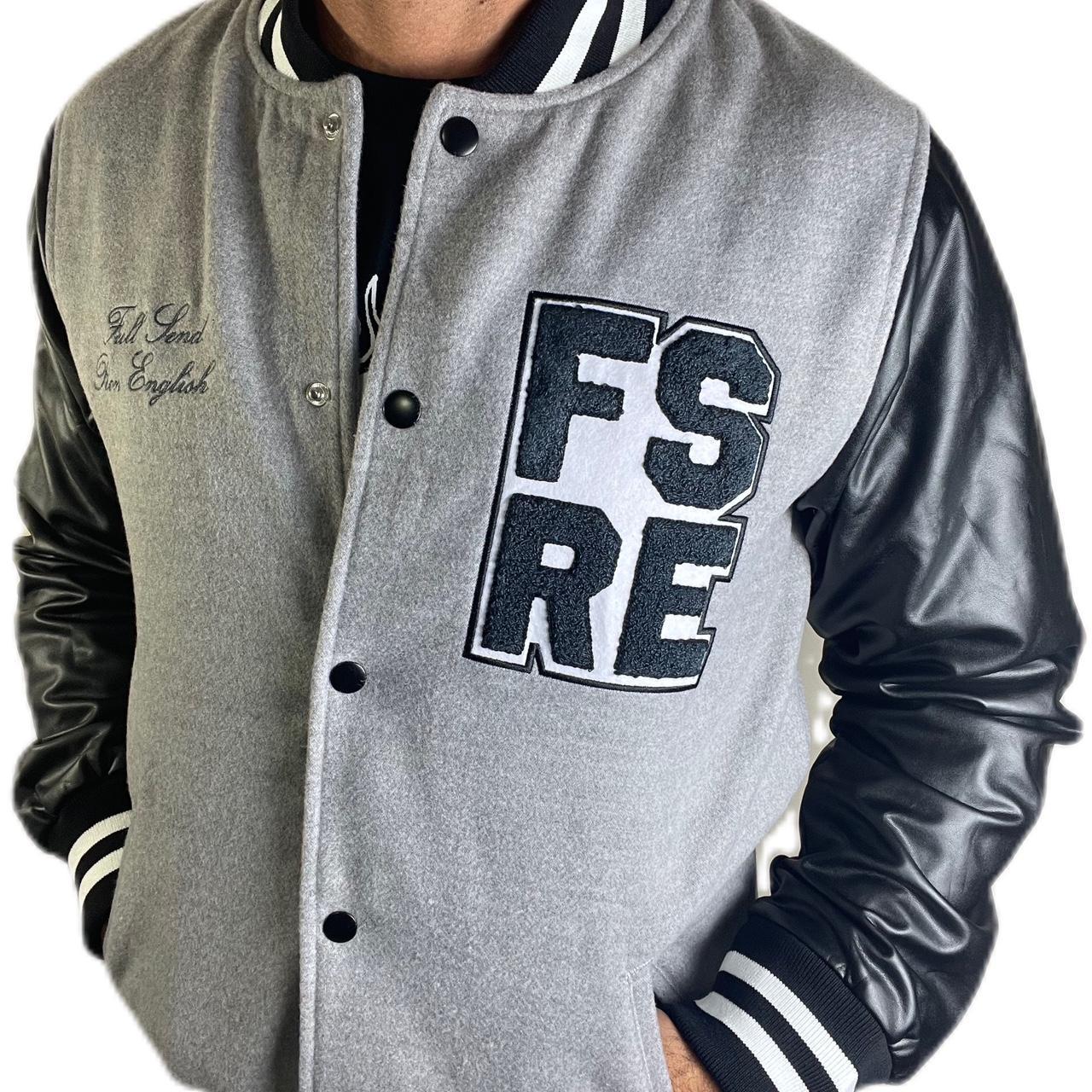 Full Send X Ron English Varsity Letterman Patches Bomber Jacket Grey Black
