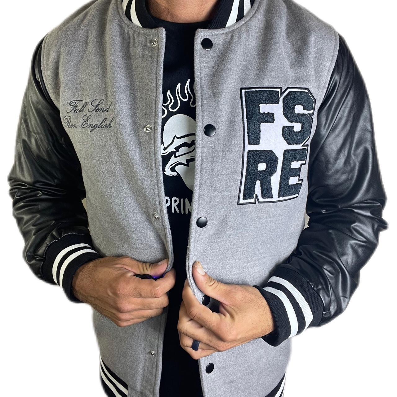 Full Send X Ron English Varsity Letterman Patches Bomber Jacket Grey Black