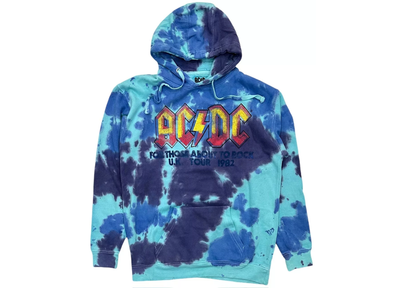 AC/DC Mens Hoodie Tie Dye Distressed Print 1982 UK Tour Pullover Sweatshirt