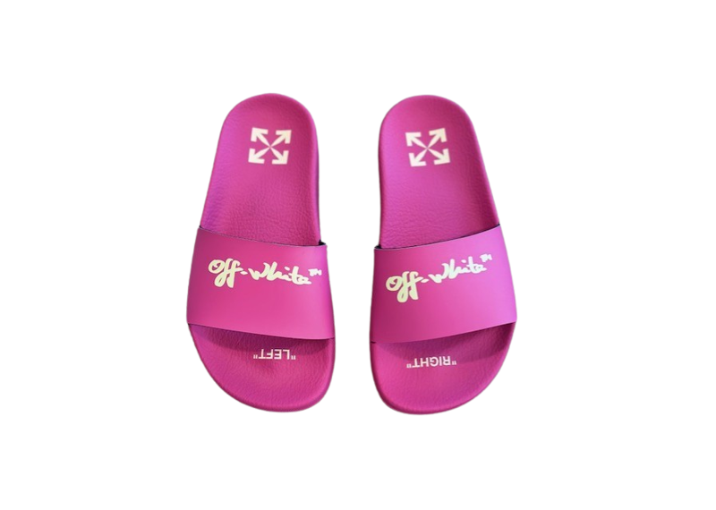 Off-White Kids Pool Slide Fuchsia Yellow Script Logo