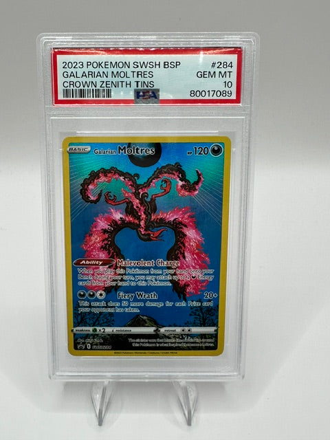 2023 Pokémon SWSH BSP GALARIAN MOLTRES CROWN ZENITH TINS PSA 10 SLAB