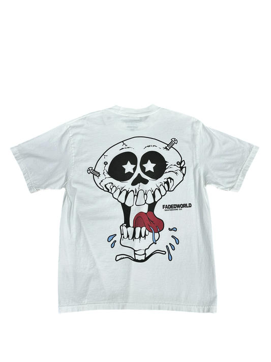 Faded World Skull Head Skate Garment-Dyed Crewneck - White