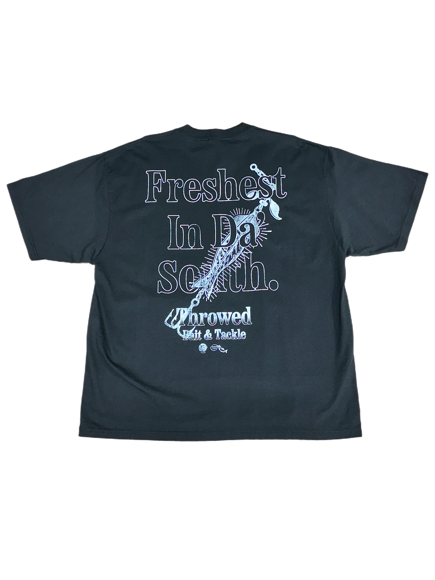 Throwed "Freshest In Da' South." White Bait Tee (Black Tee)