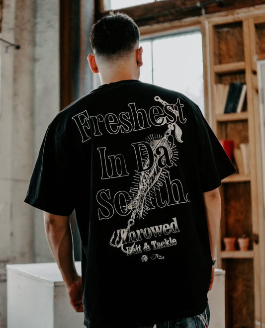 Throwed "Freshest In Da' South." White Bait Tee (Black Tee)